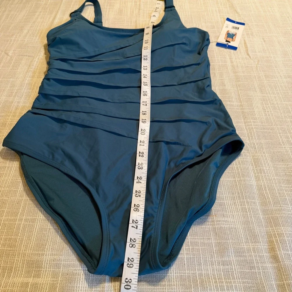DKNY Womens Tiered Ruffle One Piece Swimsuit Dark Teal Blue Size Large NEW - Picture 7 of 7